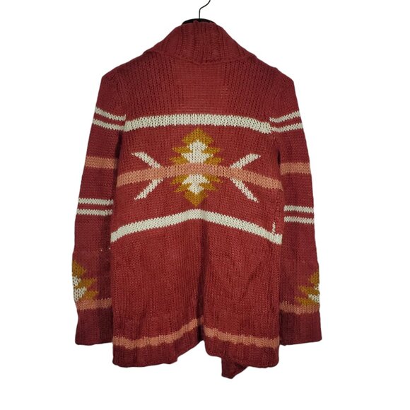 Papercut Clothing Southwest Knit Cardigan Sweater Open-Front Burgundy Geometric - Picture 4 of 6